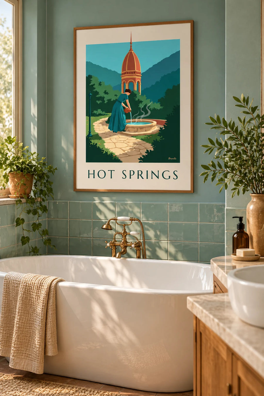 Poster di una donna che versa l'acqua di una fonte termale sotto un gazebo: incorniciato a parete