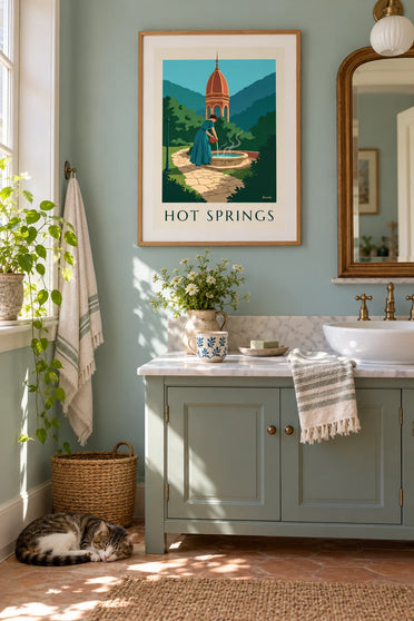 Poster of a woman pouring water from a hot spring under a pavilion: framed on the wall