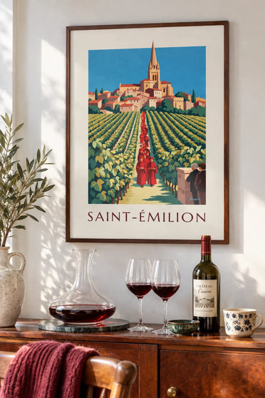 Affiche vignes et village de Saint-Émilion vus d'une cave : encadrée au mur