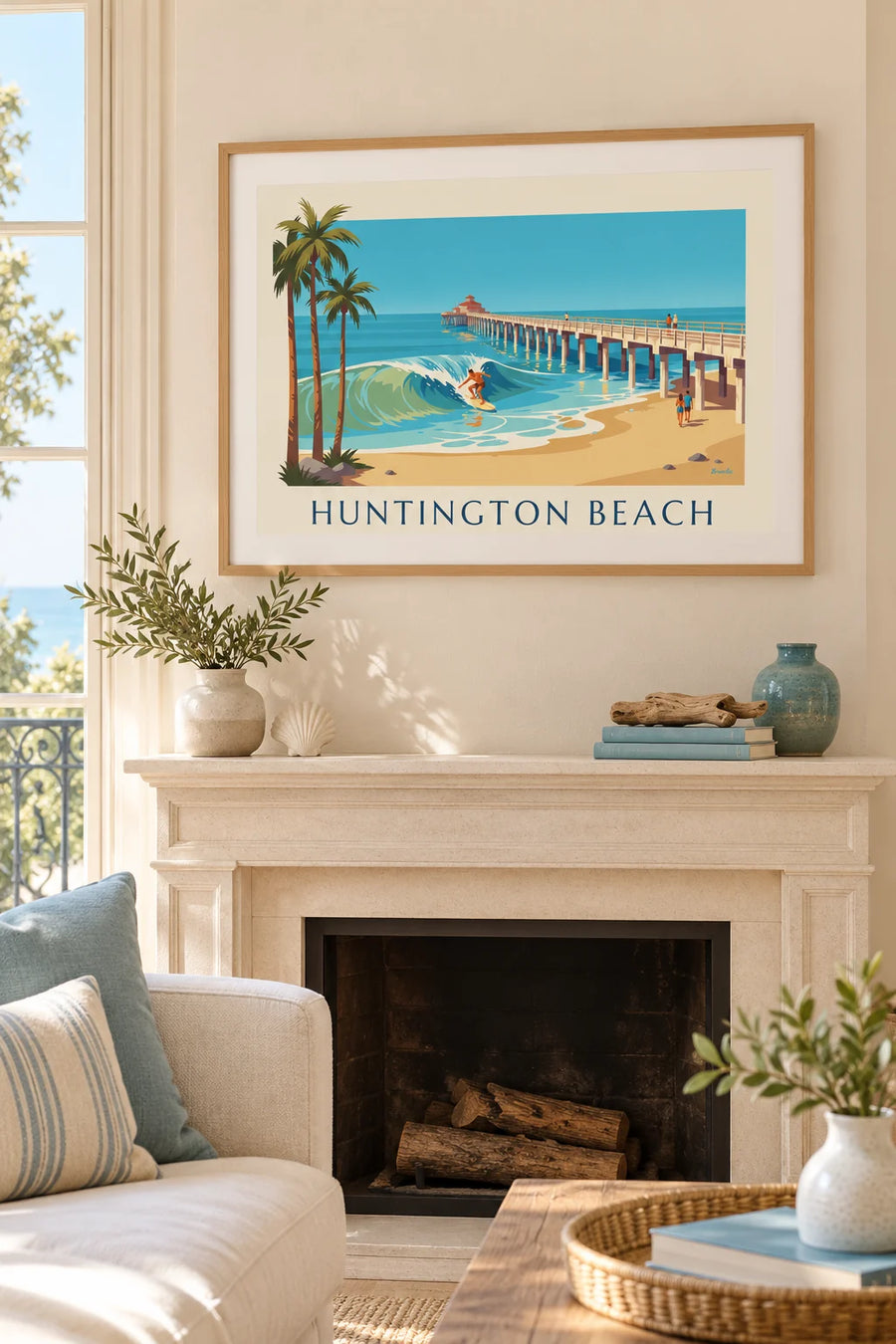 Poster con surfista sotto il molo di Huntington Beach, in California: incorniciato alla parete