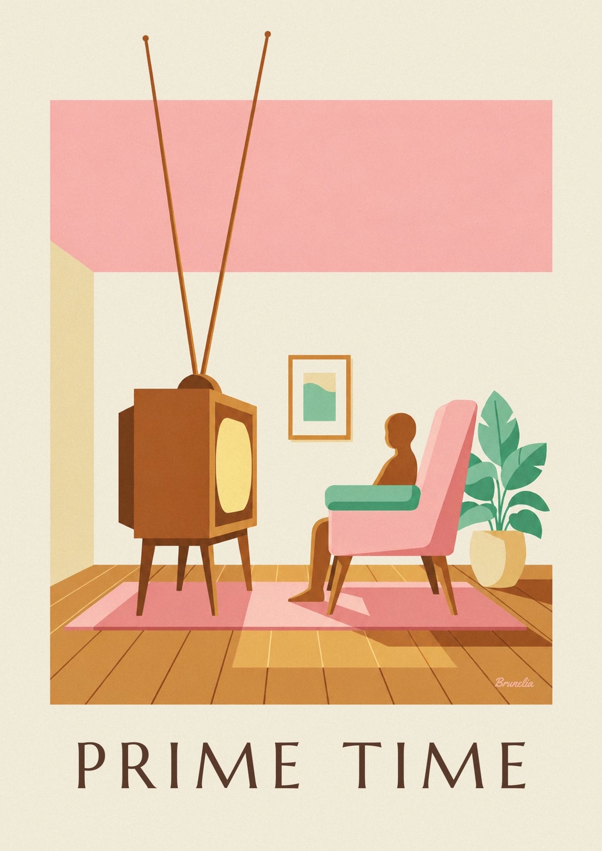 Wooden tube TV in a pastel living room poster