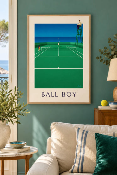 Poster raccattapalle sul campo da tennis : incorniciato alla parete