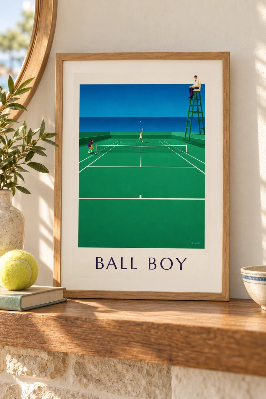 Affiche ramasseur de balles sur le court de tennis : petit format A4 encadré
