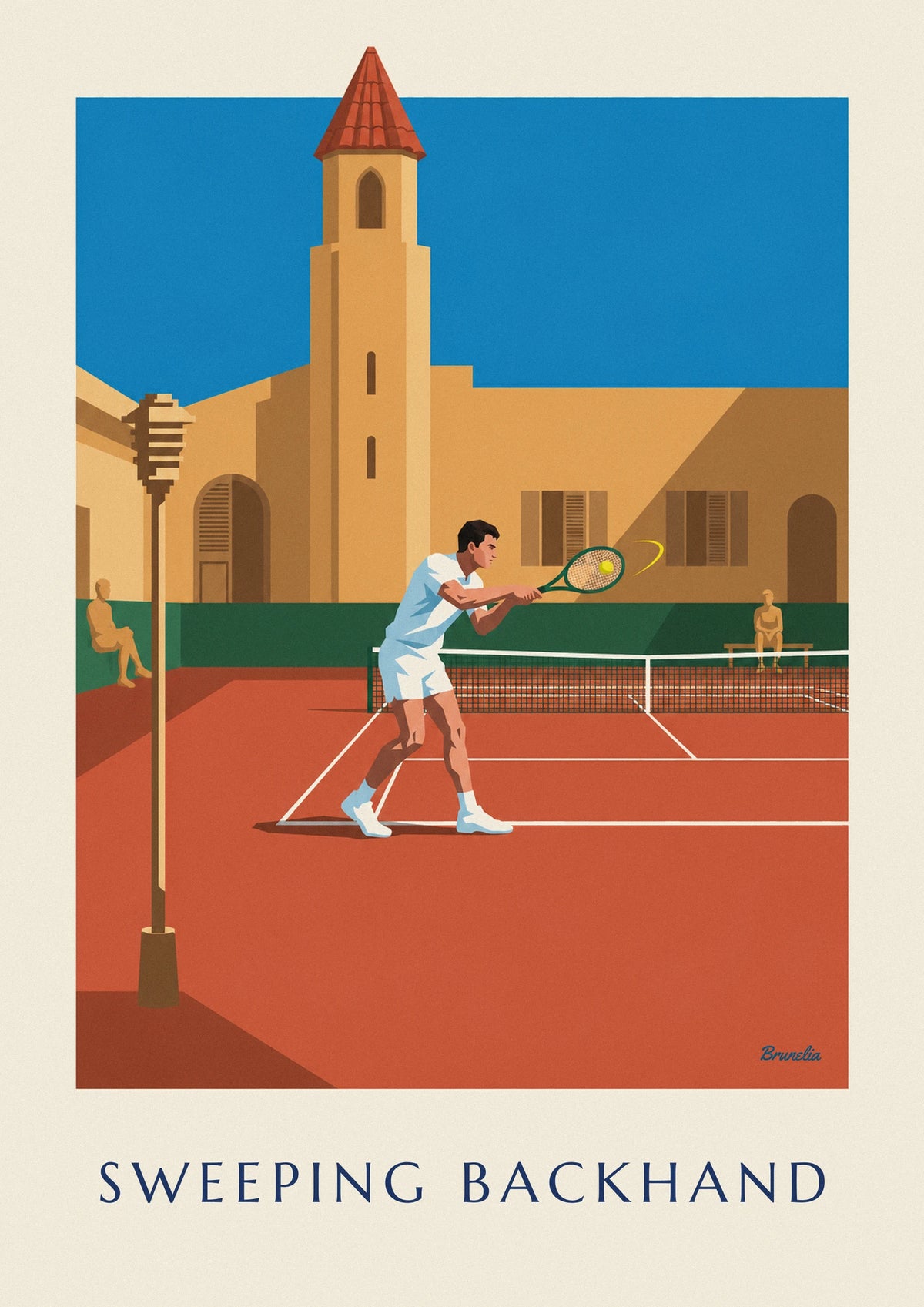 Affiche joueur de tennis en plein revers sur terre battue rouge