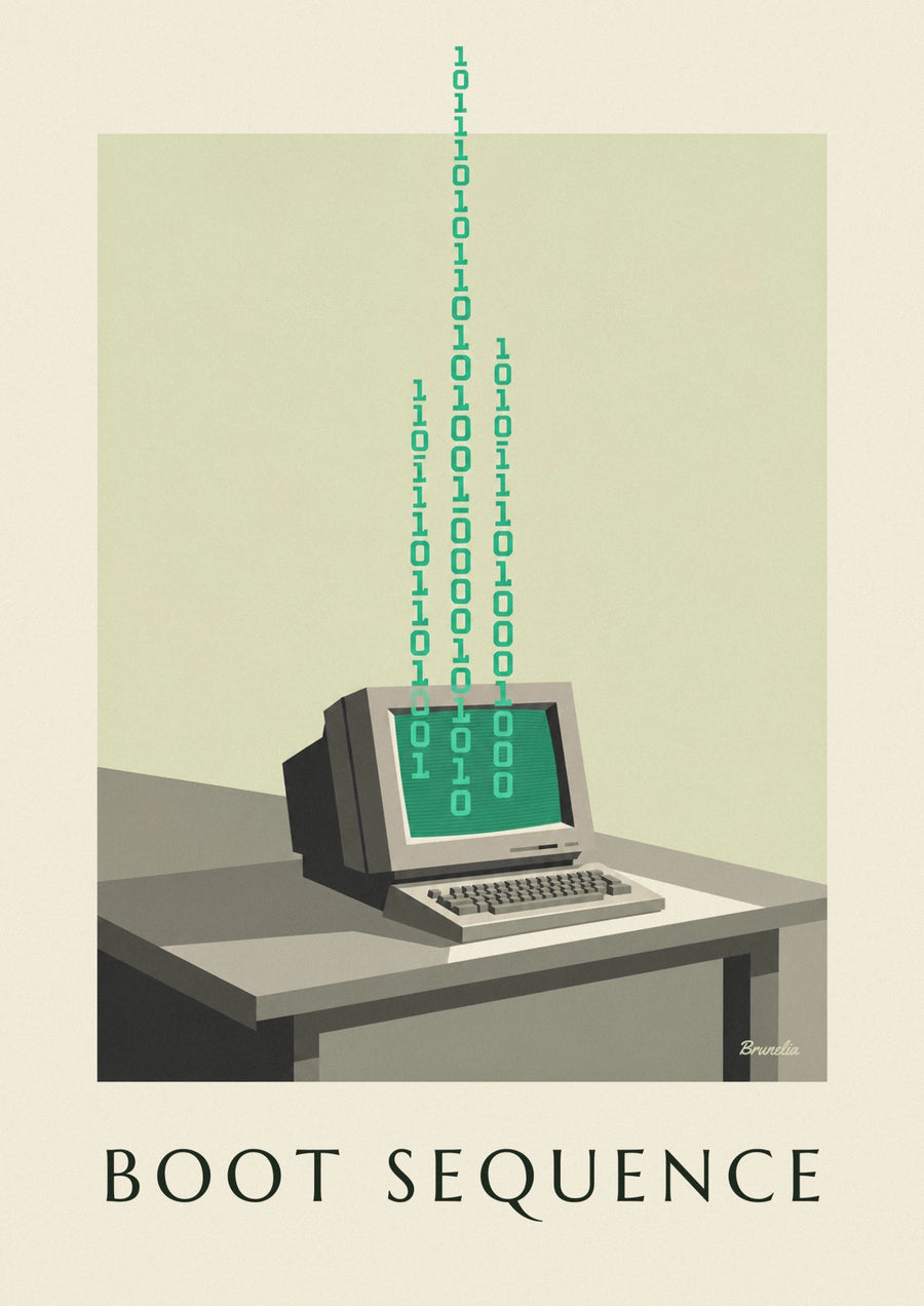 Monochrome screen computer and binary code poster