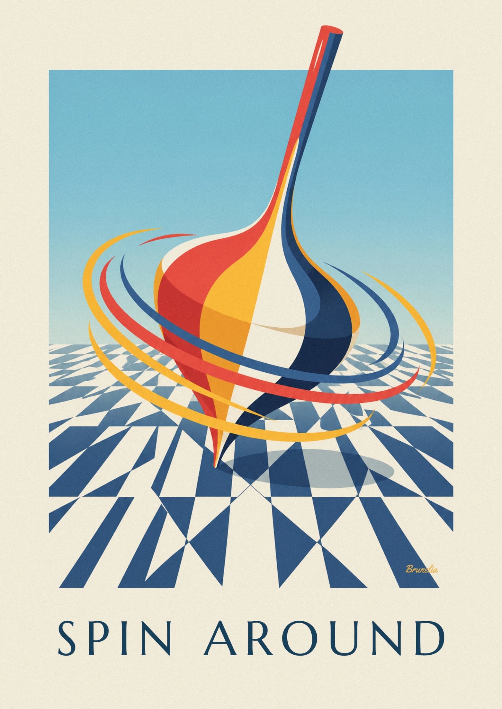 The spinning top with red, yellow and blue curves crossed by colourful ribbons