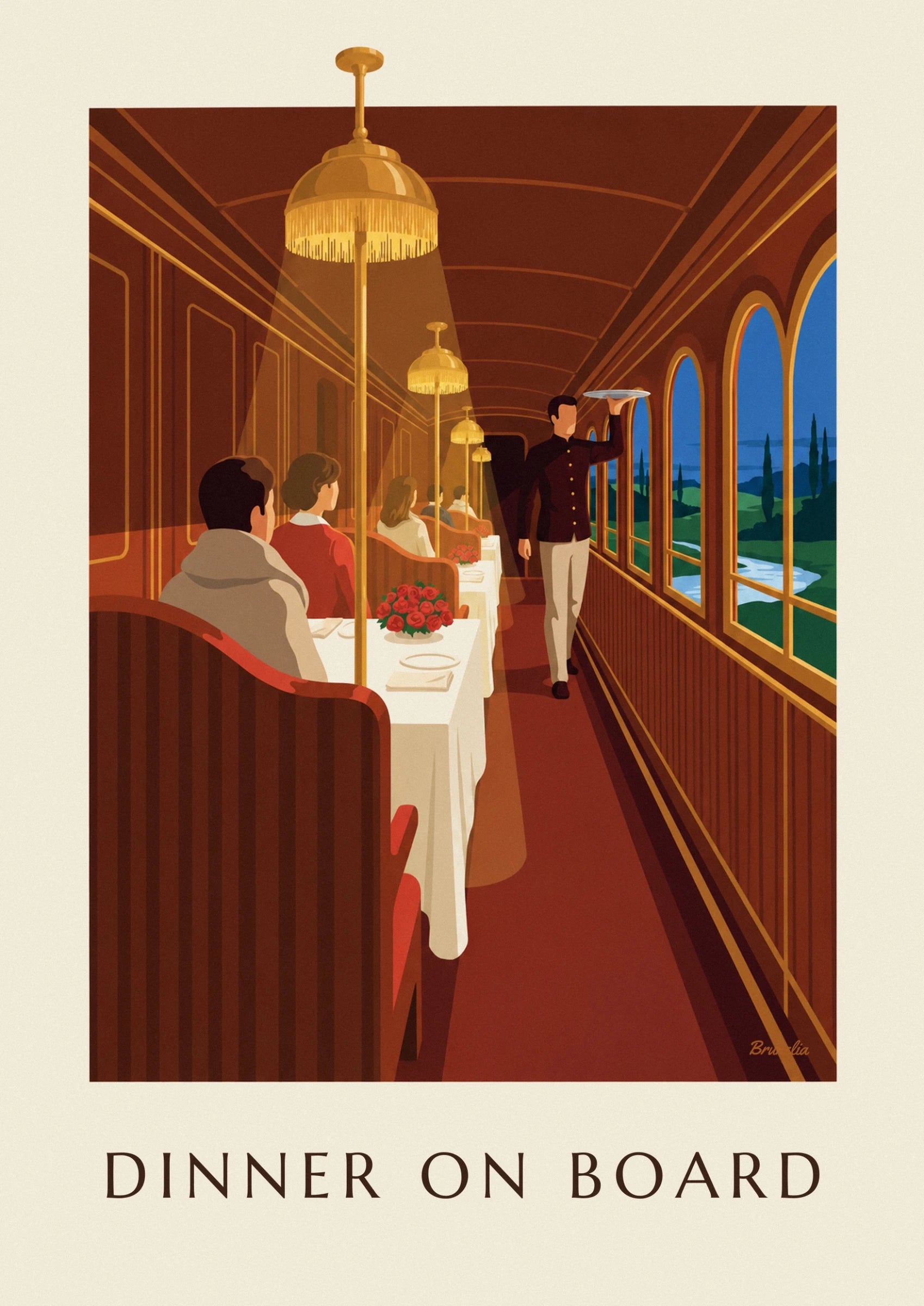Le serveur en veste sombre, plateau levé, entre les tables et les fenêtres du wagon-restaurant