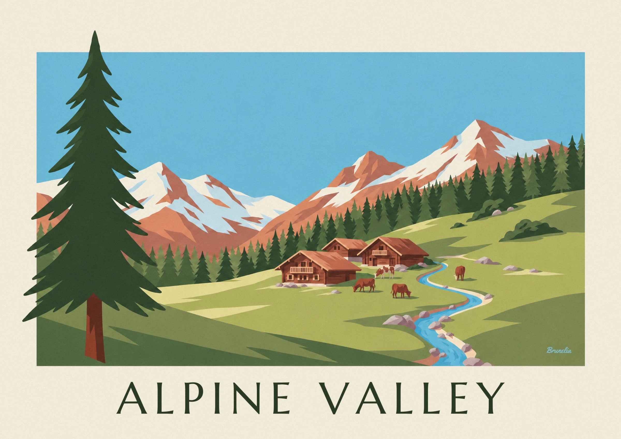 Les chalets en bois et les vaches au pâturage, au pied des Alpes enneigées