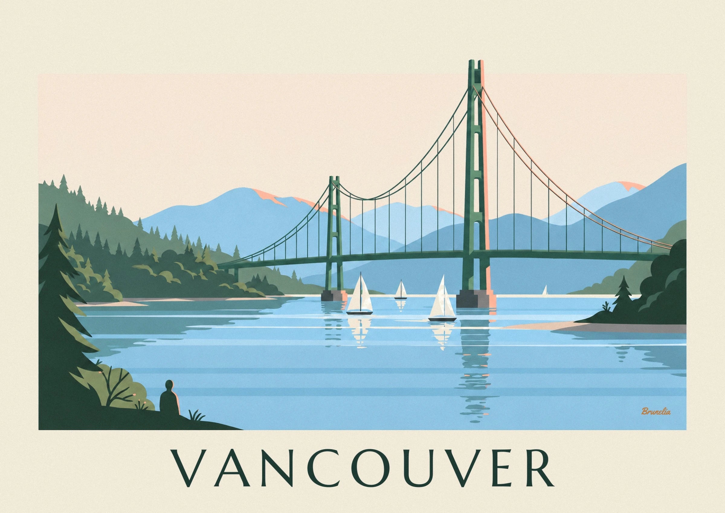 La torre verde del Lions Gate Bridge e i suoi cavi contro le montagne blu
