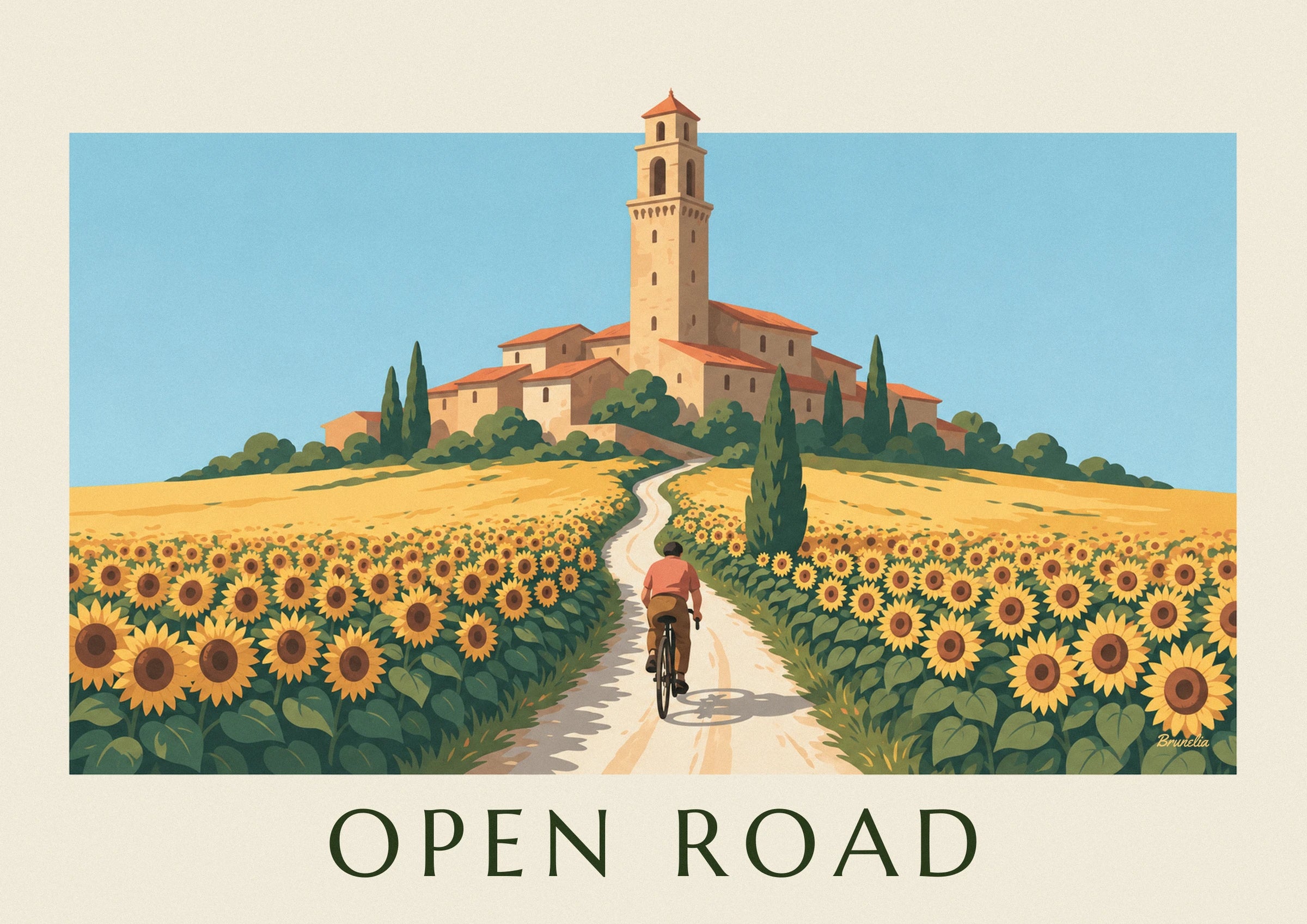 Le clocher de pierre et les toits de tuiles du village perché, au bout du chemin