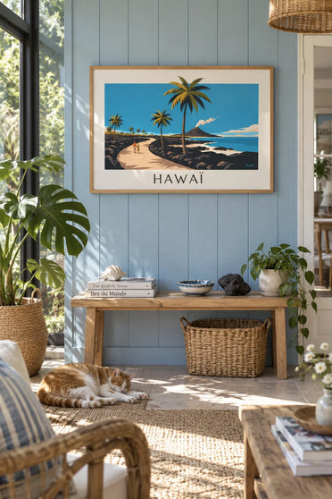 Affiche route d'Hawaï entre palmiers et volcan : encadrée au mur