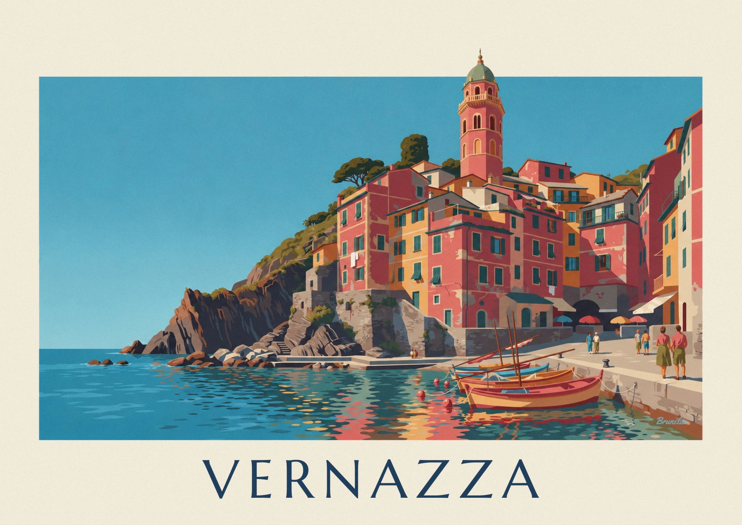 Il campanile rosa con la cupola verde sopra le case colorate di Vernazza