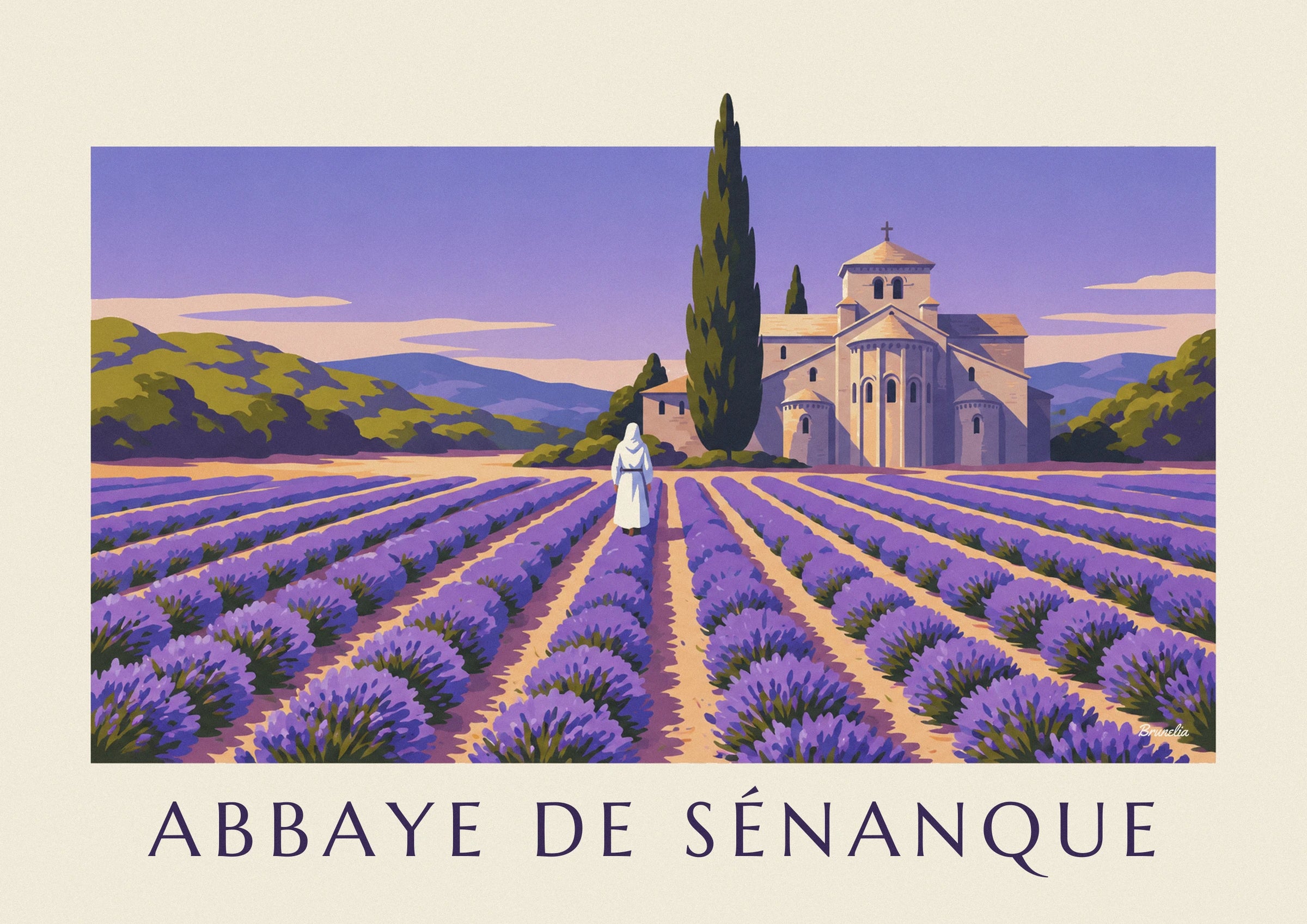 Poster monaco che cammina tra la lavanda dell'abbazia di Sénanque: dettaglio in primo piano