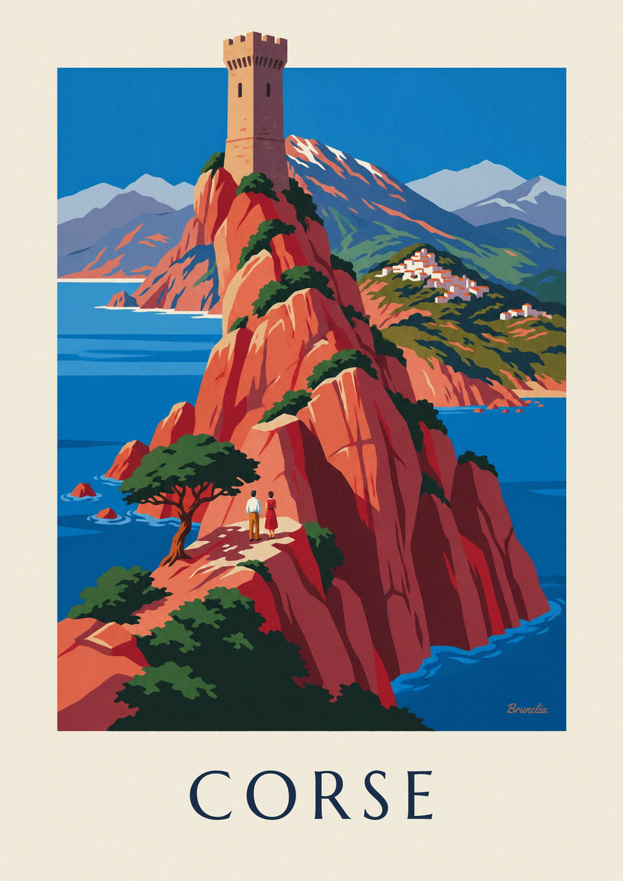 Poster costa selvaggia della Corsica, scogliere rosse e Monte Cinto
