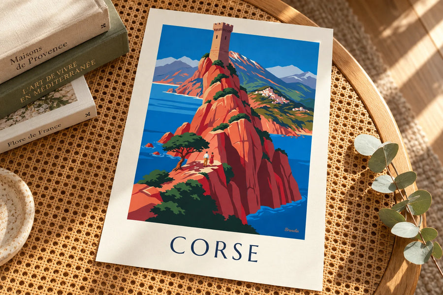 Poster costa selvaggia della Corsica, scogliere rosse e Monte Cinto: appoggiato su un tavolo
