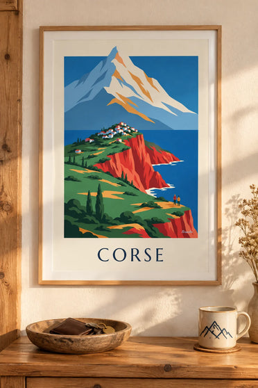 Affiche côte sauvage de Corse, falaises rouges et Monte Cinto : encadrée au mur
