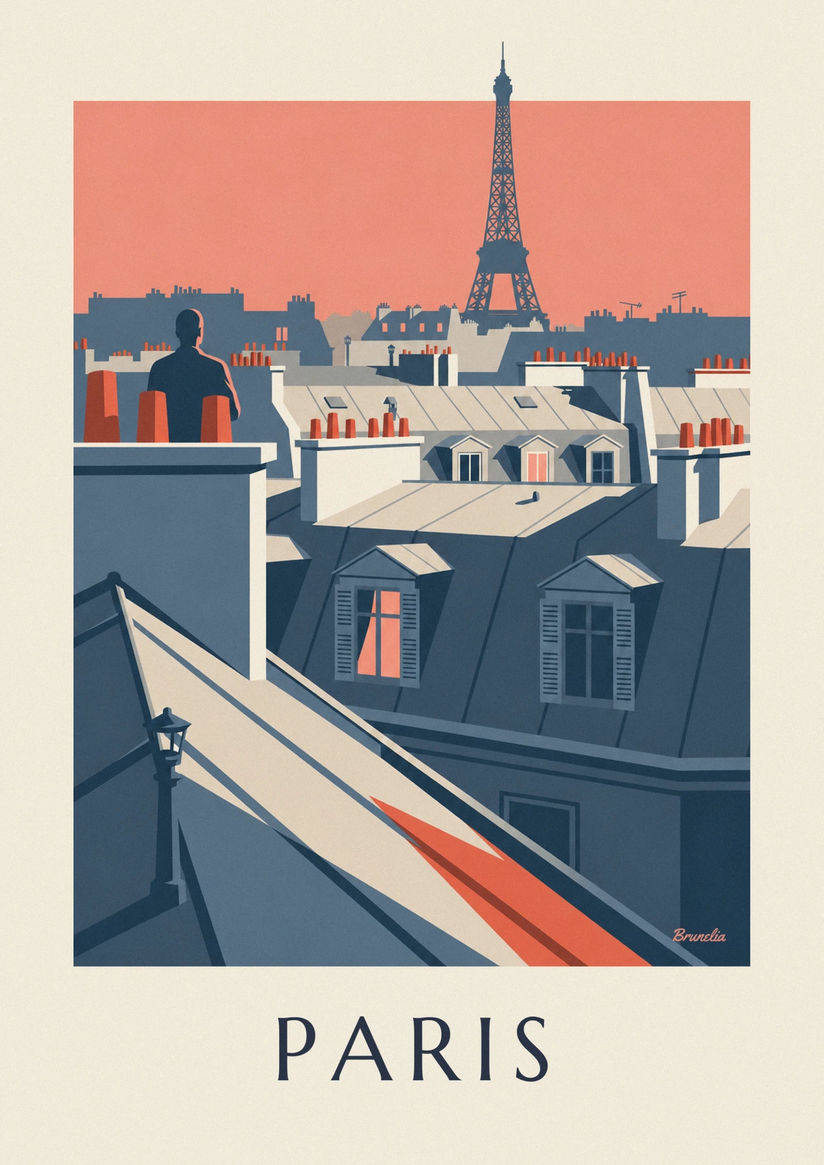 La Torre Eiffel che si staglia su un cielo rosa arancio sopra i tetti di zinco e i loro comignoli
