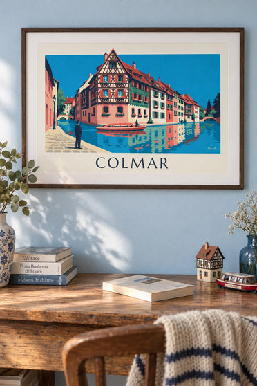 Poster of half-timbered houses along the canal in Colmar: framed on the wall
