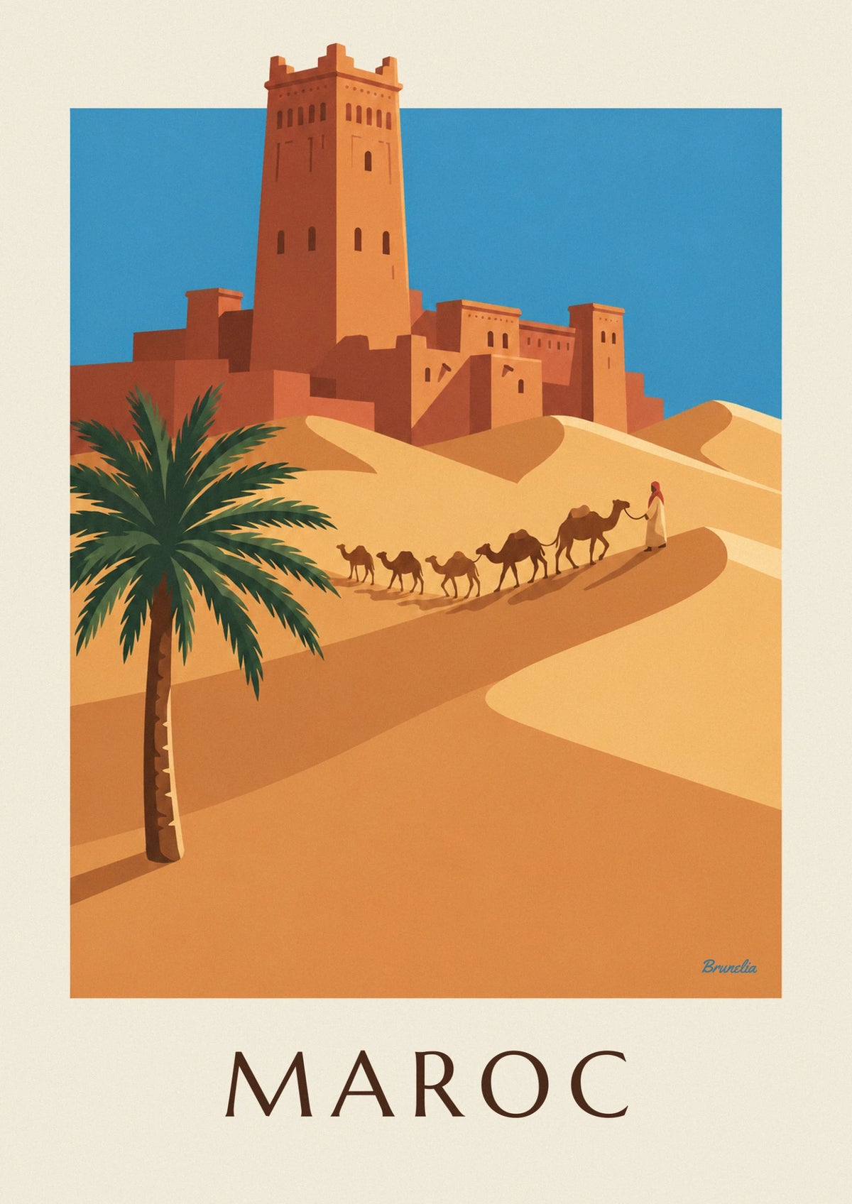 Moroccan desert kasbah and camel caravan poster