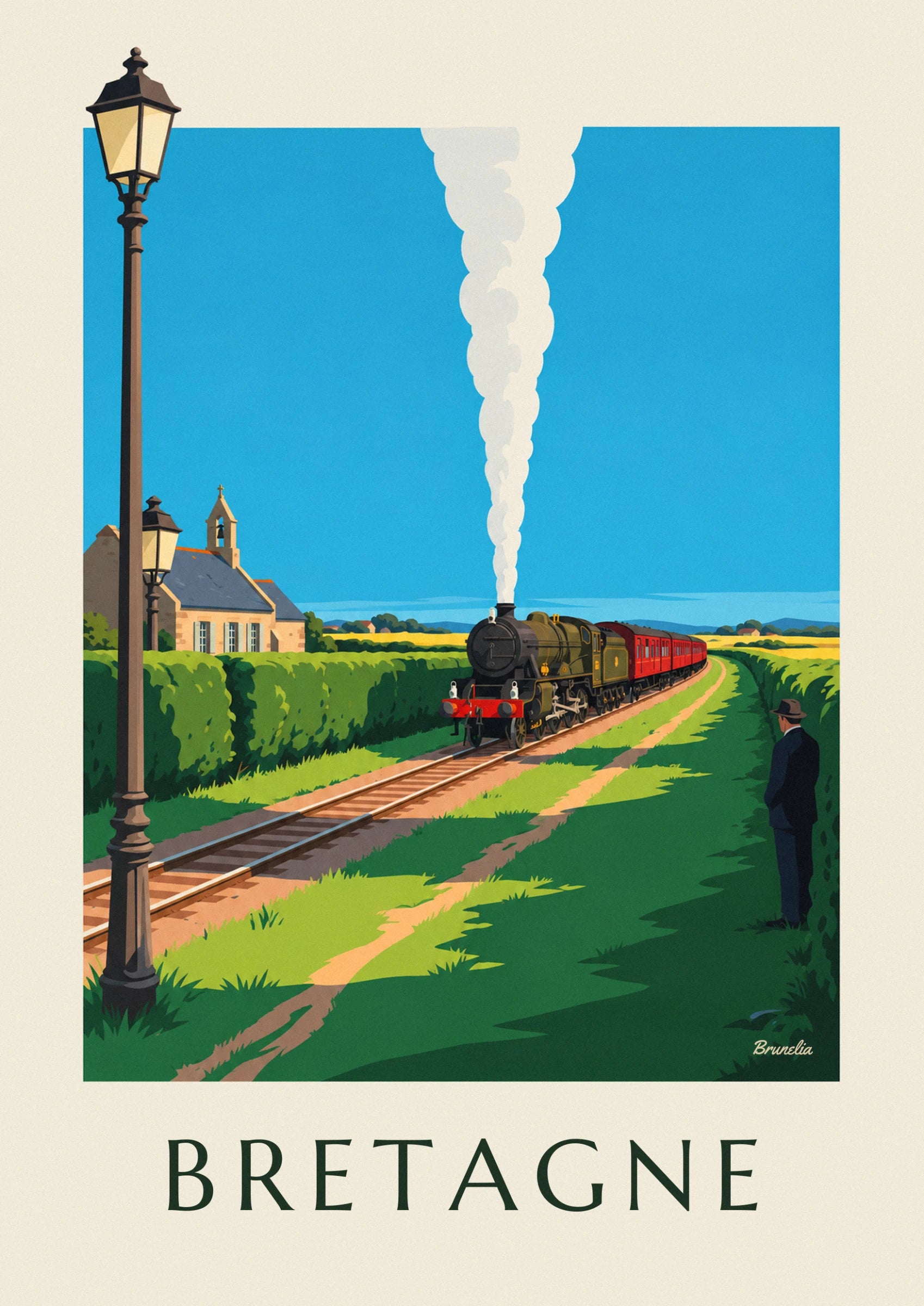 La locomotiva a vapore verde e le sue carrozze rosse, con un pennacchio bianco contro il cielo azzurro