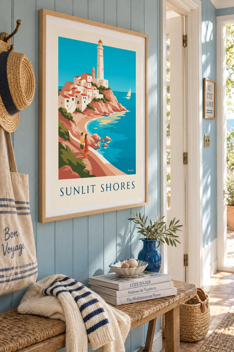 Poster costa mediterranea, villaggio bianco e faro: incorniciato alla parete