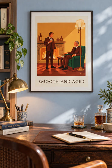 Poster whisky, uomo in abito accanto al camino: incorniciato alla parete