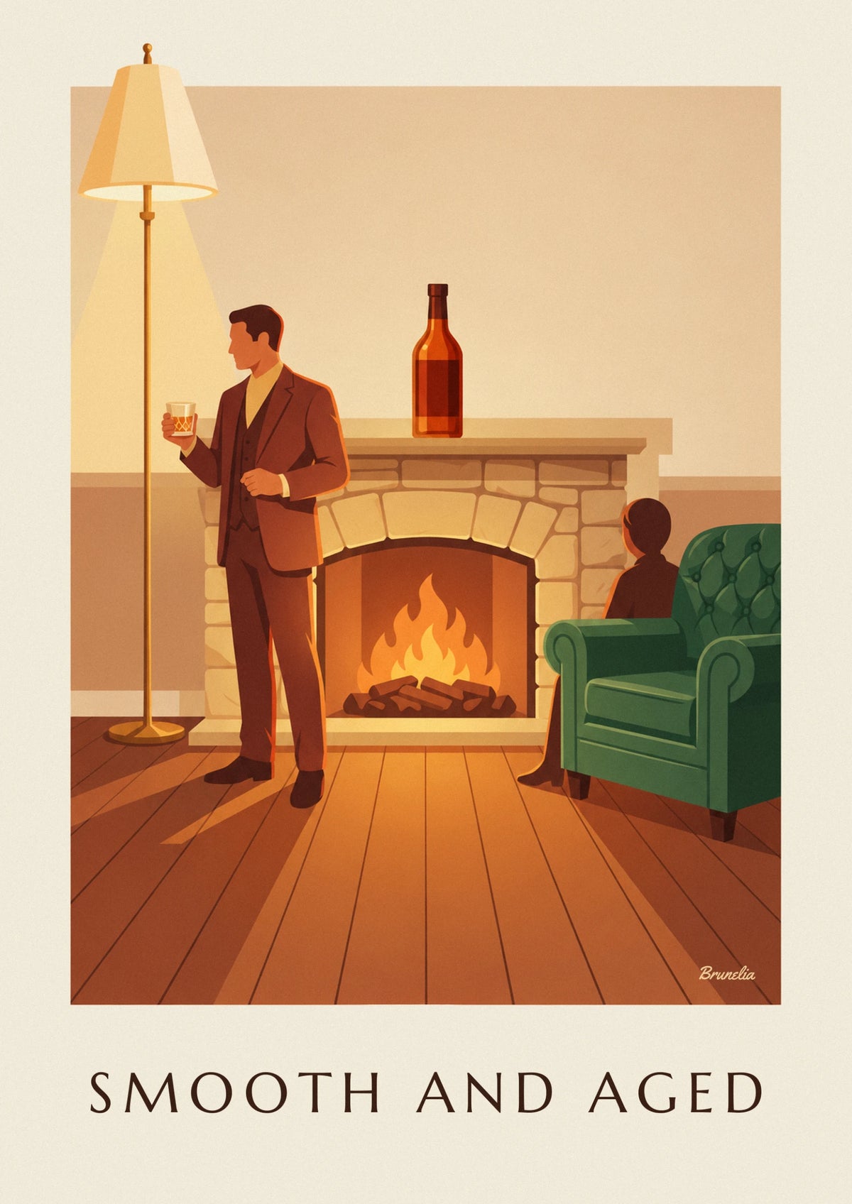 Affiche whisky, homme en costume près de la cheminée