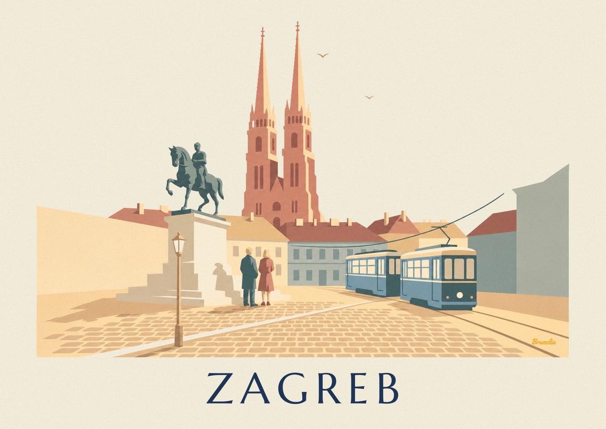 Blue tram on Ban Jelačić Square in Zagreb poster
