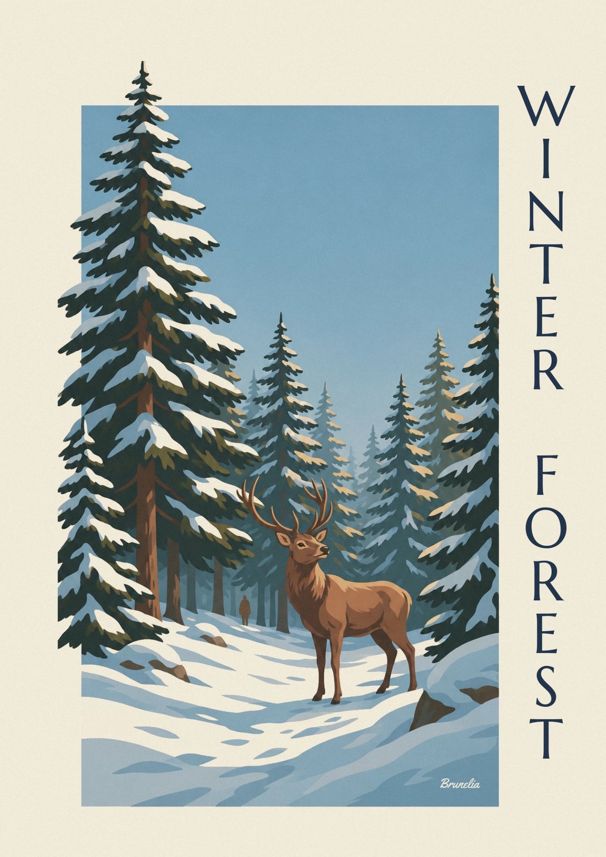 Poster cervo in una foresta di abeti innevata